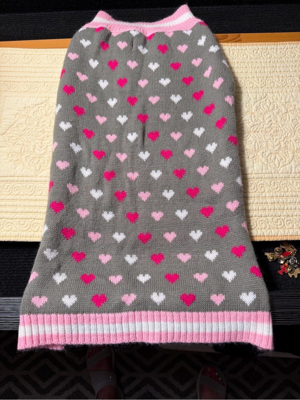 Gray Heart-Print dog Sweater with Pink & White Accents